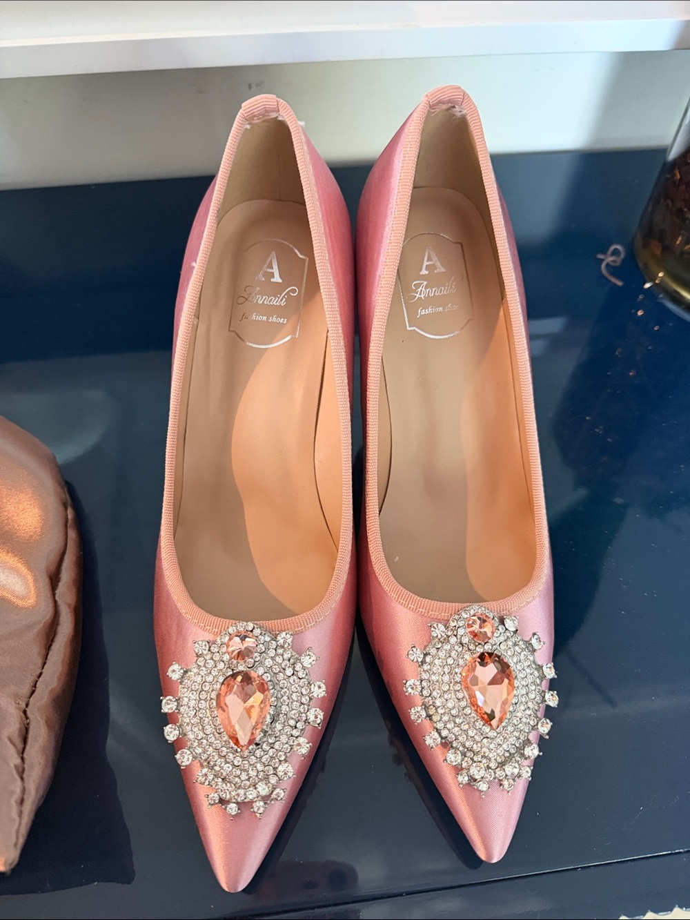 Anna Pink Satin Pointed-Toe Flats with Crystal Brooch